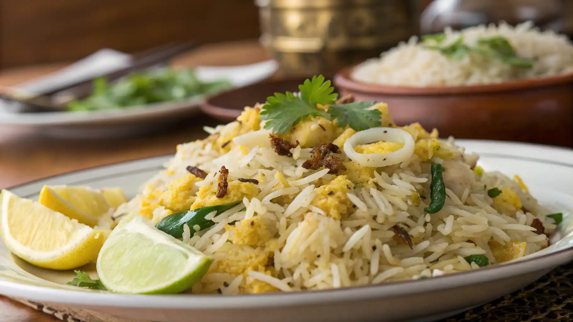 A plate of Anjappar Egg Fried Rice garnished with fresh cilantro, green chilies, and sliced onions, served with lemon and lime wedges for added flavor. The dish features fluffy basmati rice, scrambled eggs, and aromatic South Indian spices.