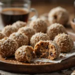 A plate of homemade Moose Farts no-bake dessert balls, coated in shredded coconut, with one broken open to reveal a soft, chewy center filled with chocolate chips.