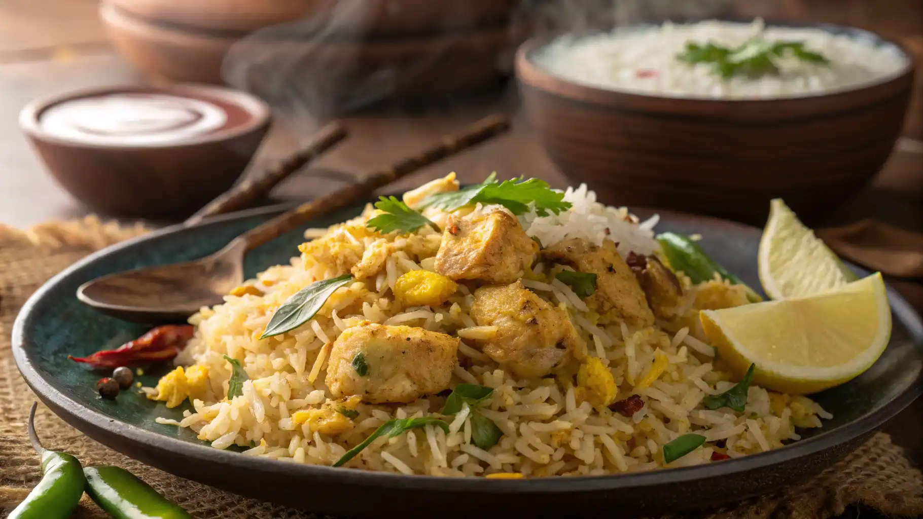 A close-up of Anjappar Chicken Fried Rice served on a rustic plate, featuring basmati rice, tender chicken, scrambled eggs, curry leaves, and green chilies, garnished with fresh coriander and lemon wedges. A bowl of extra rice and raita appear in the background.