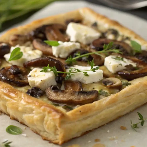 Golden puff pastry topped with sautéed mushrooms, goat cheese, and fresh herbs on parchment paper.