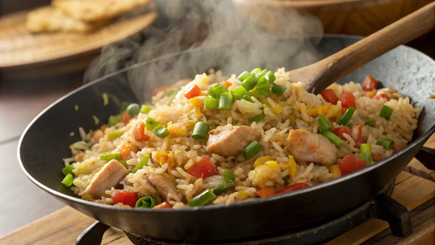 Steaming hot Chinese fried rice with chicken, diced vegetables, and green onions in a black wok, stirred with a wooden spatula.