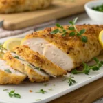 Sliced Parmesan Crusted Chicken served with lemon wedges and fresh herbs on a white platter.