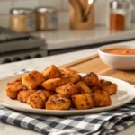 Chick-fil-A grilled nuggets served on a white plate with dipping sauce on a kitchen counter