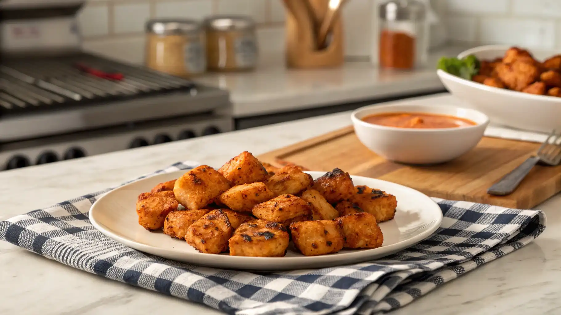 Chick-fil-A grilled nuggets served on a white plate with dipping sauce on a kitchen counter