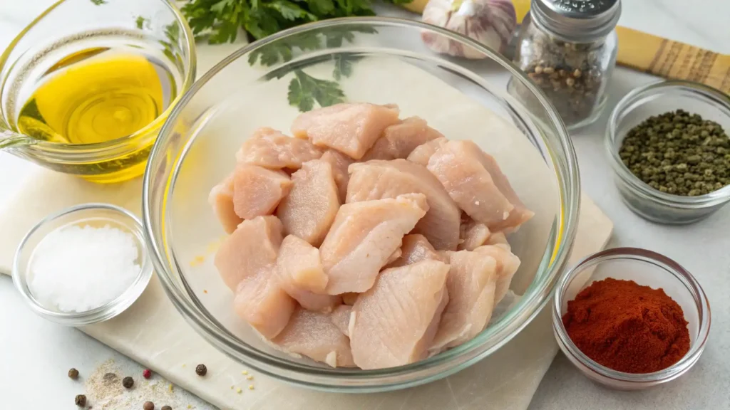 Raw chicken breast pieces in a glass bowl surrounded by olive oil, salt, paprika, and seasonings