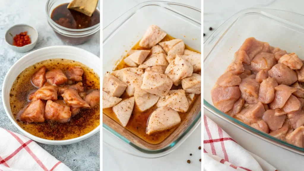 hree stages of marinating chicken breast cubes in a homemade Chick-fil-A grilled nuggets marinade