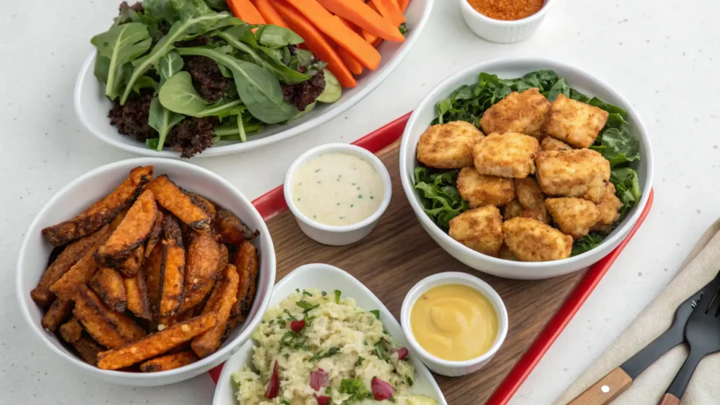 Chick-fil-A grilled nuggets served with leafy greens, sweet potato fries, dipping sauces, and vegetable sides