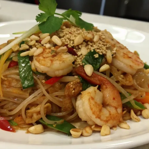 Thai shrimp stir-fried noodles garnished with peanuts, vegetables, and fresh cilantro on a white plate.