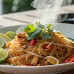 Steaming hot plate of Thai Phat Si-Io noodles garnished with cilantro, lime slices, red chili, and green peppers.