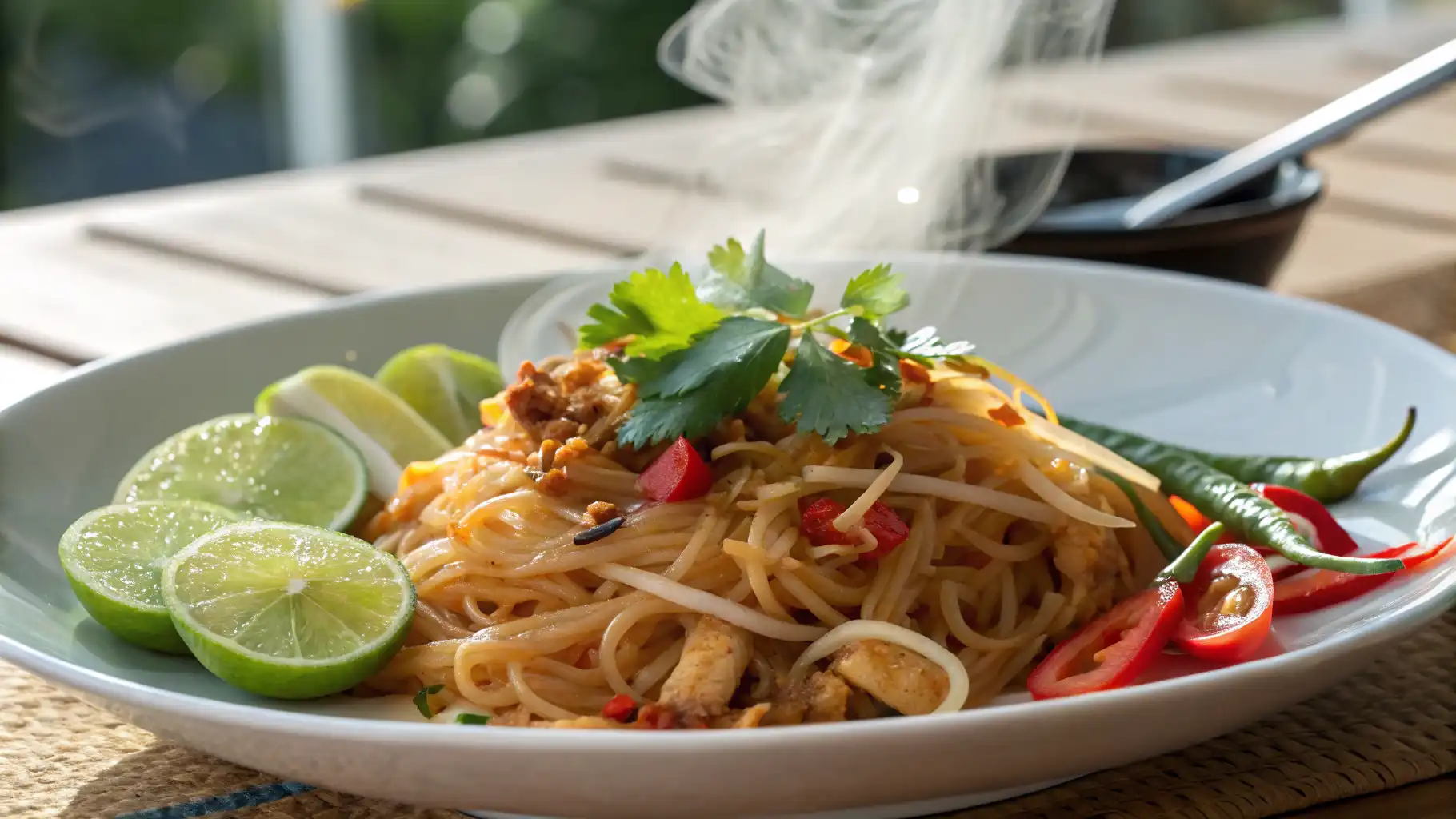 Steaming hot plate of Thai Phat Si-Io noodles garnished with cilantro, lime slices, red chili, and green peppers.
