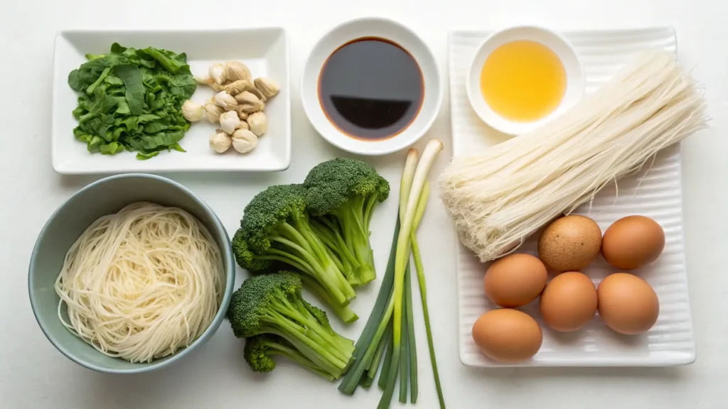 Flat lay of Phat Si-Io ingredients including rice noodles, eggs, broccoli, garlic, soy sauce, greens, and scallions.