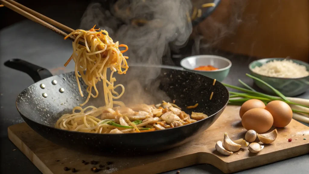 Stir-frying noodles in a wok with chicken, garlic, and vegetables, with steam rising and fresh ingredients on the side.