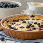 Freshly baked blueberry cottage cheese breakfast bake in a ceramic dish with steam rising, surrounded by fresh berries and coffee.