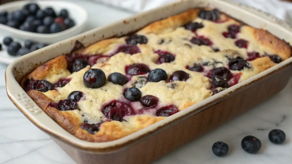 Golden blueberry cottage cheese breakfast bake in a rectangular dish, topped with baked blueberries and surrounded by fresh berries.