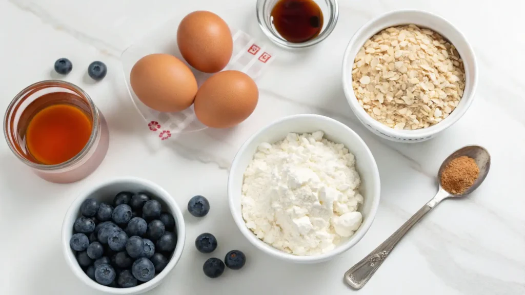 Ingredients for blueberry cottage cheese breakfast bake, including eggs, oats, blueberries, cottage cheese, vanilla, cinnamon, and syrup.