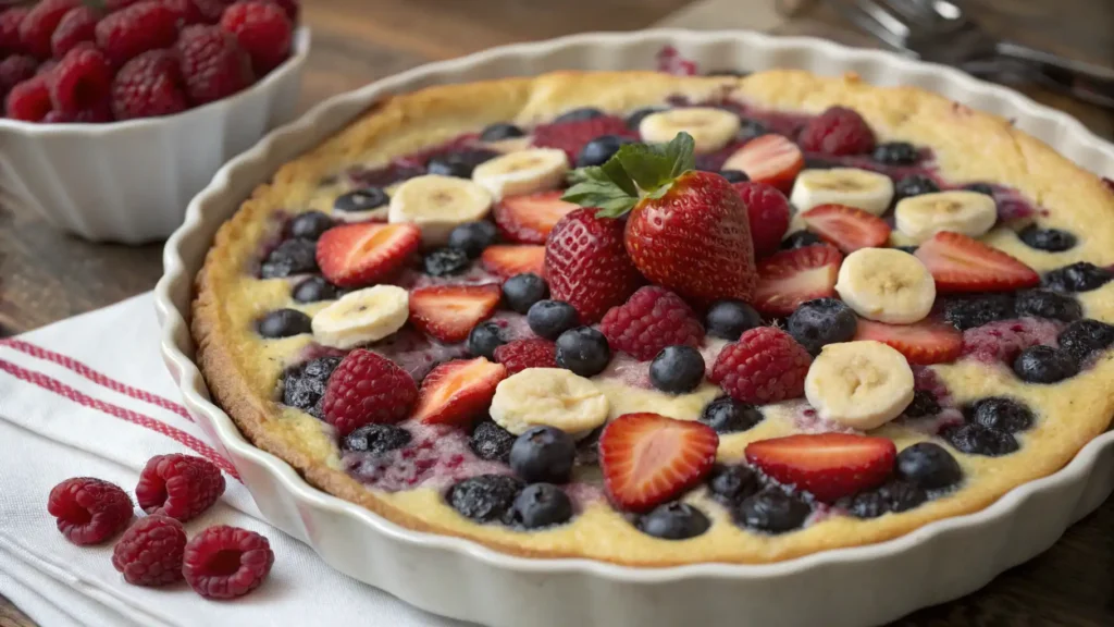 Blueberry cottage cheese breakfast bake topped with strawberries, bananas, raspberries, and blueberries in a fluted ceramic dish.