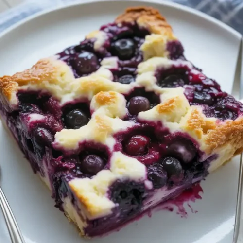 A slice of blueberry cottage cheese breakfast bake on a white plate with two forks, showing golden edges and juicy blueberries.